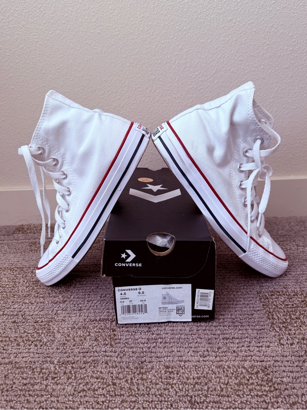 Converse All Star High Top Sneakers in White with Red & Navy Accents - Picture 3 of 8